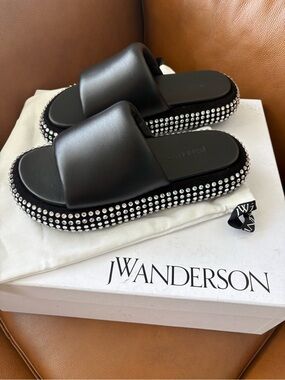 JW Anderson Crystal-embellihsed leather and suede platform slides